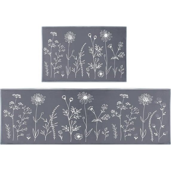 Grey Floral Kitchen Rugs and Mats Non Skid Washable Set of 2, Flower Leaf Vintage Rustic Kitchen Runner Rug, Farmhouse Kitchen Floor Mat Under Sink Mat Throw Rug for Doormat