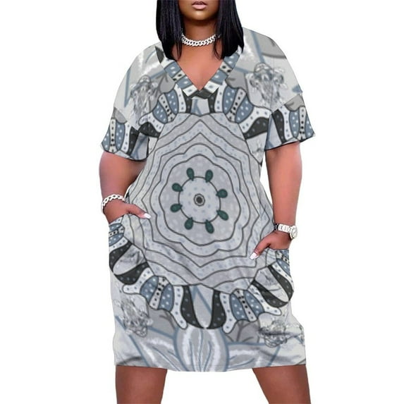 Grey Floral Mandala Design Art Women's Summer Short Sleeve Casual Dresses Party Dress