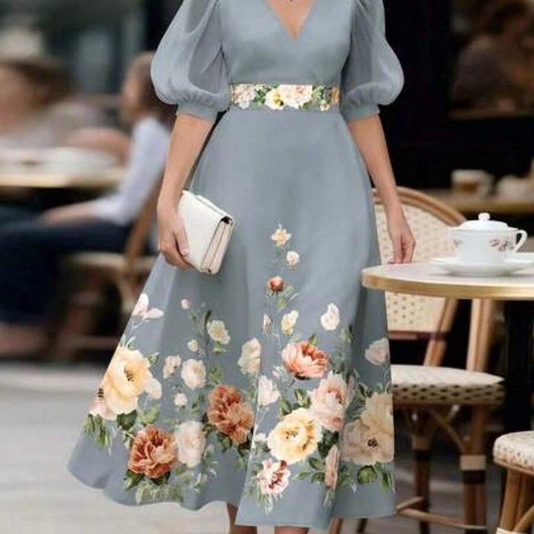 grey floral midi dress Print With Puffed Sleeves And V-Neck Greta Velvet Dress