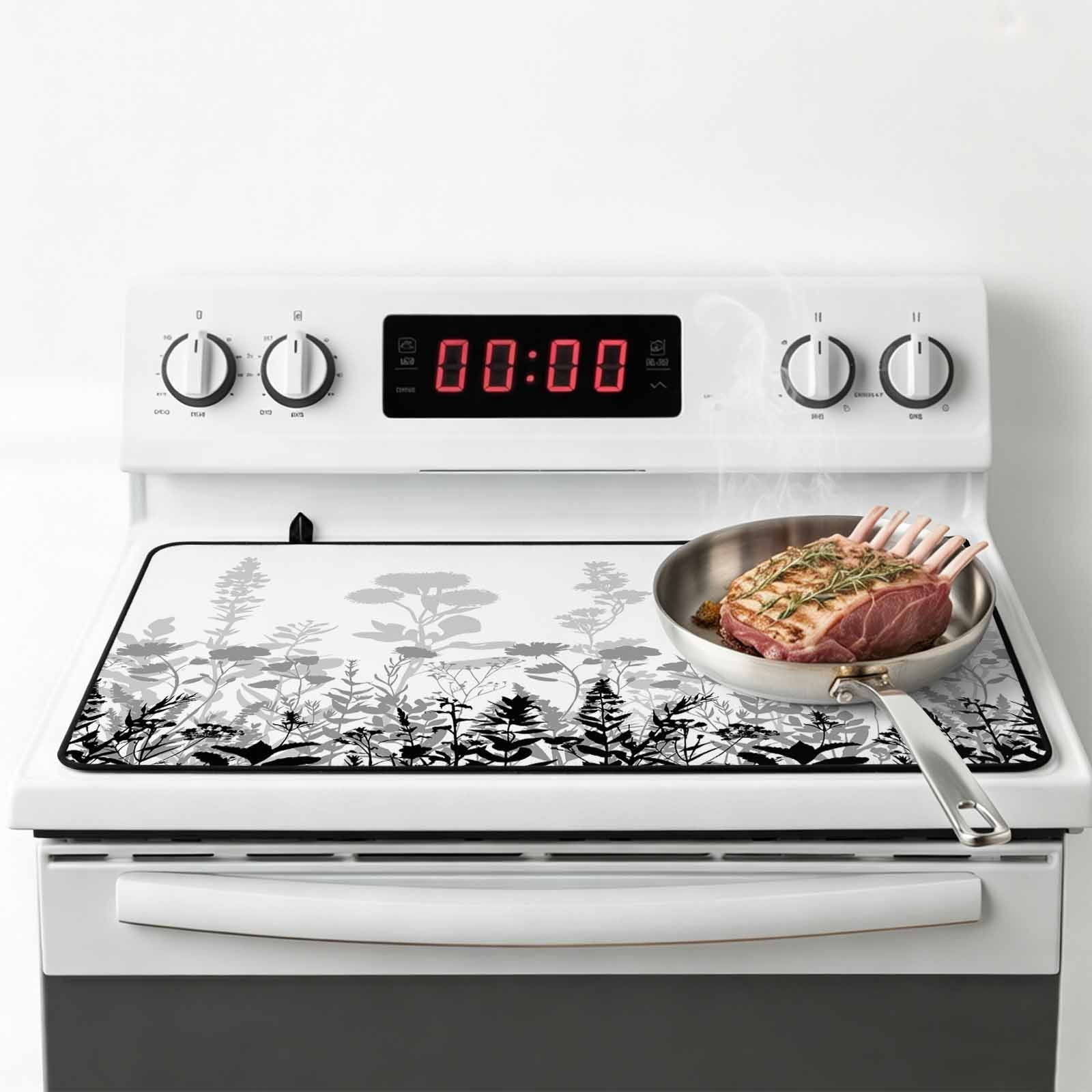 Grey Floral Rustic Stove Top Cover for Electric Stove, Heat-proof & Non Slip Glass Top Stove Cover Protector, Spring Farmhouse Botanical Floral Kitchen Flat Cooktop Rubber Mat 24x21 Inches