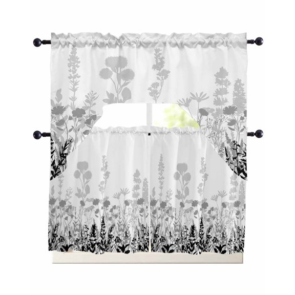 Grey Floral Rustic Swag Curtains for Living Room/Bedroom Windows, Spring Farmhouse Botanical Floral Kitchen Curtains and Valances Set 36 Inch Length, Light Filtering Swags Valance Curtain Panels
