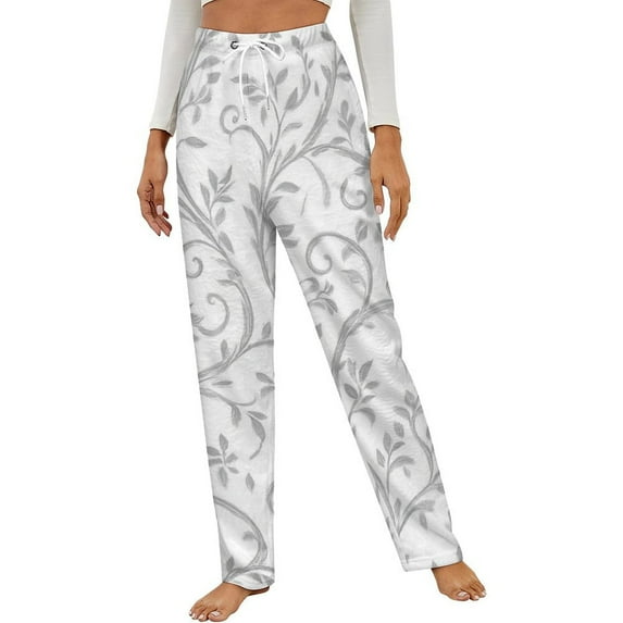 Grey Floral Seamless Pattern Winter Female Pants Flannel High Waist Women Pants Lady Warm Straight Leg Plush Trousers