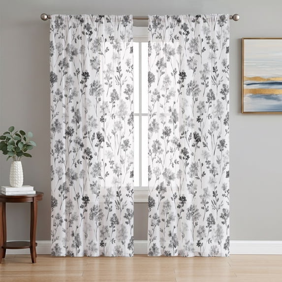Grey Floral Sheer Curtains 72 Inch Length 2 Panels Set, Elegant Pastoral Spring Flowers Farmhouse Voile Window Treatment Rod Pocket Curtains Sheers Drapes for Bedroom/Living Room/Kitchen 52"x72"x2