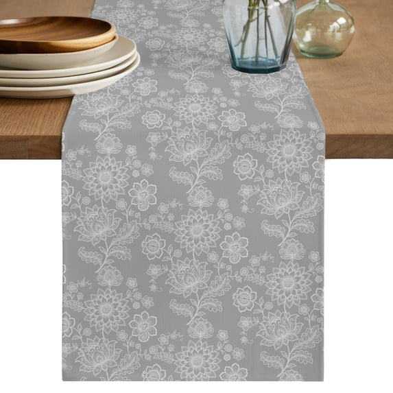 Grey Floral Short Table Runner 60 Inches Long, Abstract Art Flowers Traditional Cotton Linen Table Runners Dresser Scarves, Fabric Tabletop Scarf Furniture Cover for Home Dinner Party Decor 13"x60"
