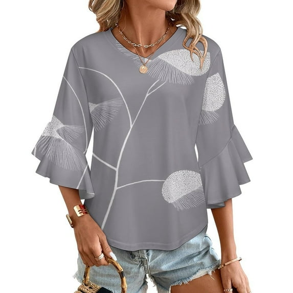 Grey Floral Wallpaper Design Women's V-Neck Blouse With 3/4 Ruffled Bell Sleeves Casual Top Ladies Blouses