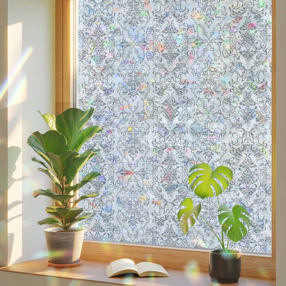 Grey Floral Window Privacy Film, Ethnic Middle East Stained Glass Rainbow Film Decorative Window Clings, Static Cling Sun Blocking Stickers 23.6" x 59"