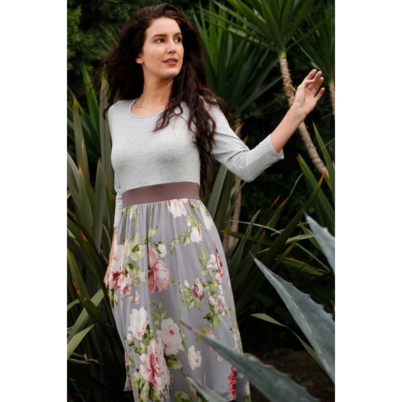 Grey Floral with Mocha Band Midi Dress_Plus