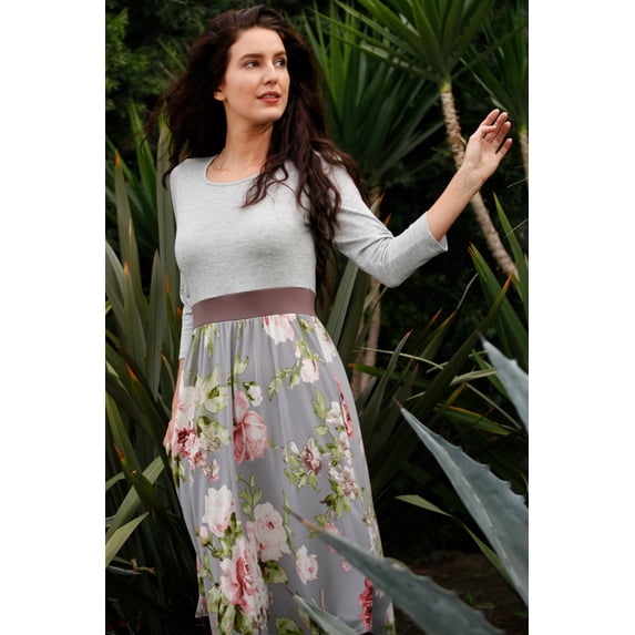 Grey Floral with Mocha Band Midi Dress
