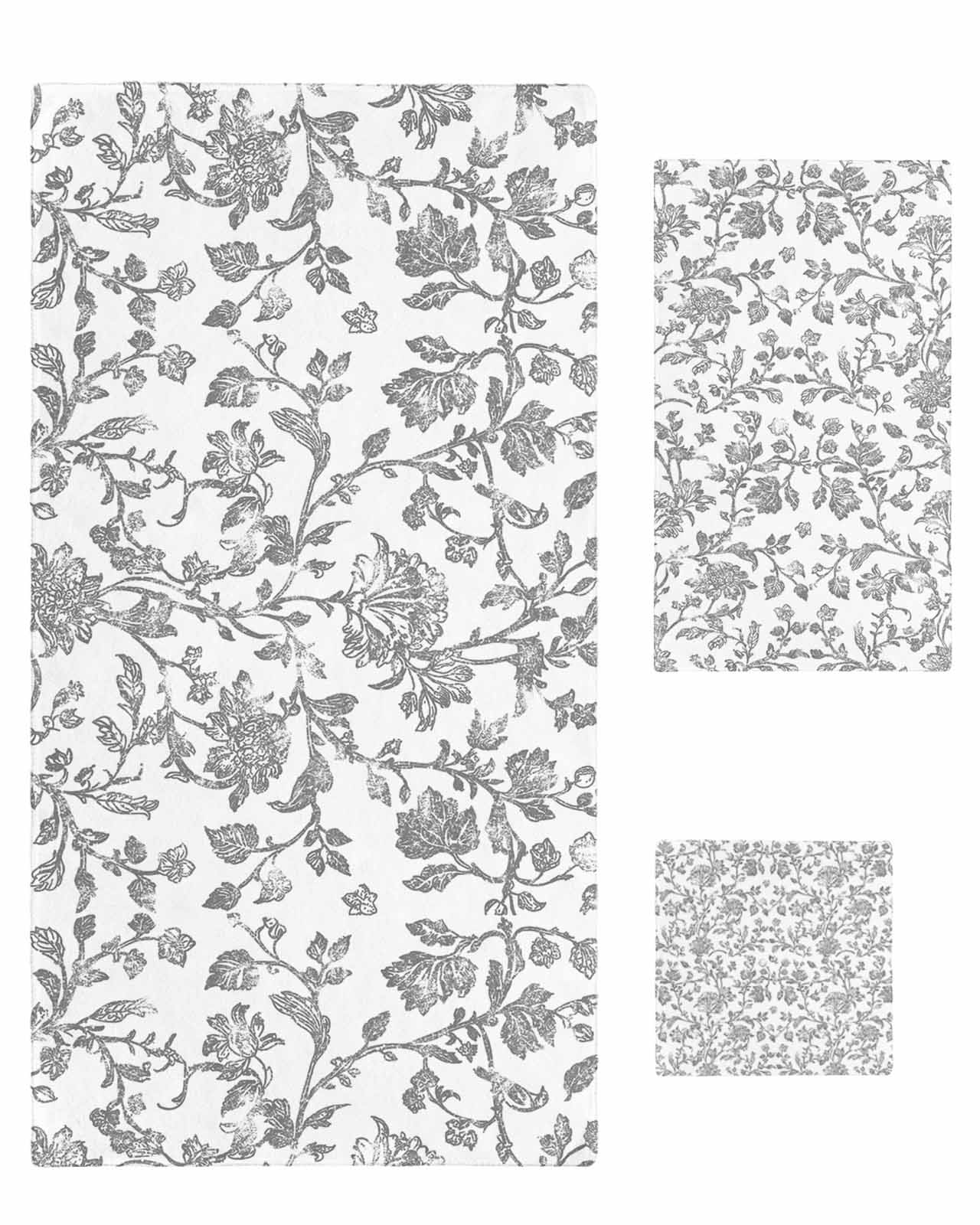 Grey Flower Bath Towels for Bathroom Set,Luxury Microfiber Towels Gifts for Women,Beach Kitchen Hand Hair Face Towel and Dish Washcloth,Vintage Farmhouse Boho Leaf Spring Plant Towels+Set