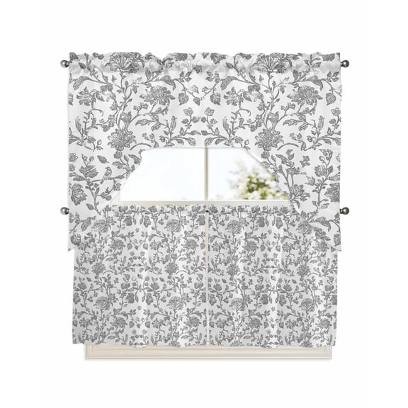 Grey Flower Kitchen Curtain and Valance Set 3 Pieces,Rod Pocket Short Tier Curtains 24 Inch Length,Vintage Farmhouse Boho Leaf Spring Plant Swag Topper Small Window Treatment for Cafe Bathroom