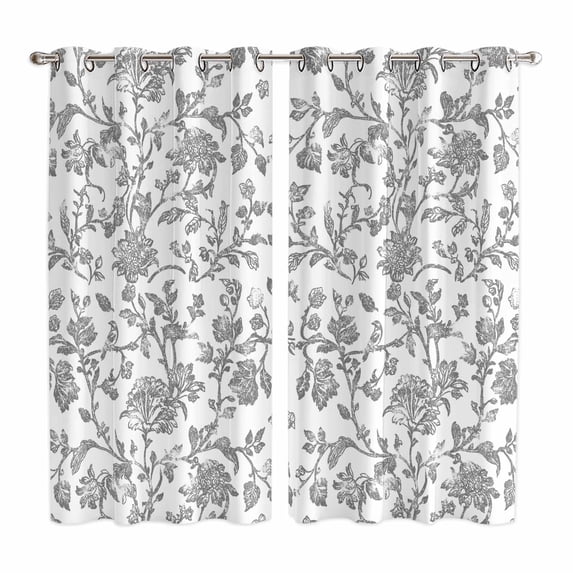 Grey Flower Kitchen Curtains 63 Inch Length, Vintage Farmhouse Boho Leaf Spring Plant Grommet Top Bedroom Living Room Curtains, Light Filtering Cafe Curtain Drapes 2 Panels Set 84''x63''