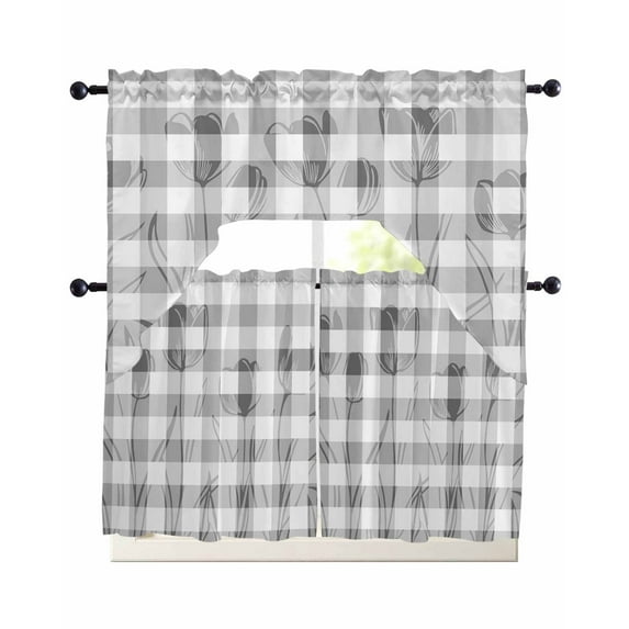 Grey Flower Kitchen Curtains Sets 24 Inch Length with Valance, Elegant Plaid Floral Lattice Botanical Swag Valances and Tiers Curtain Set Drapes Swag Curtains for Living Room, Bathroom, Bedroom, Cafe