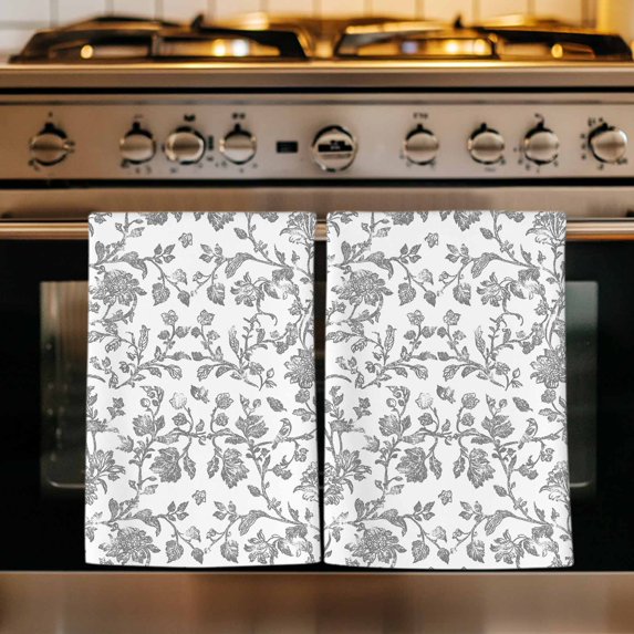 Grey Flower Kitchen Towels Set of 3, Vintage Farmhouse Boho Leaf Spring Plant Absorbent Dish Towels for Kitchen, Microfiber Hand Towel, Quick Drying Tea Towel for Cleaning Decorative Dishcloths