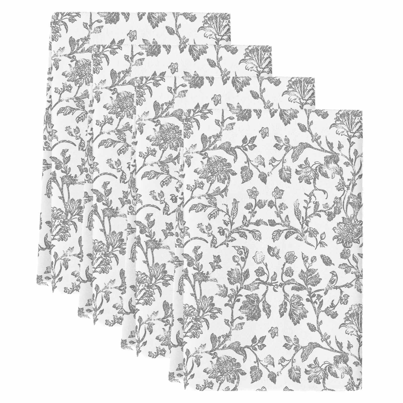Grey Flower Kitchen Towels Set of 4, Vintage Farmhouse Boho Leaf Spring Plant Soft Microfiber Dish Towels, Absorbent Quick-Dry Washable Dishcloths for Kitchen Cleaning, Drying Dishes, 18x28 Inches