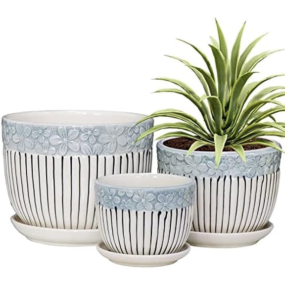 Grey Flower Pots,Texture Planter for Indoor Plants Set of 3 Ceramic Flower Pots with Saucer,Cute Garden Pots Succulent Pots(3 Pack,Grey
