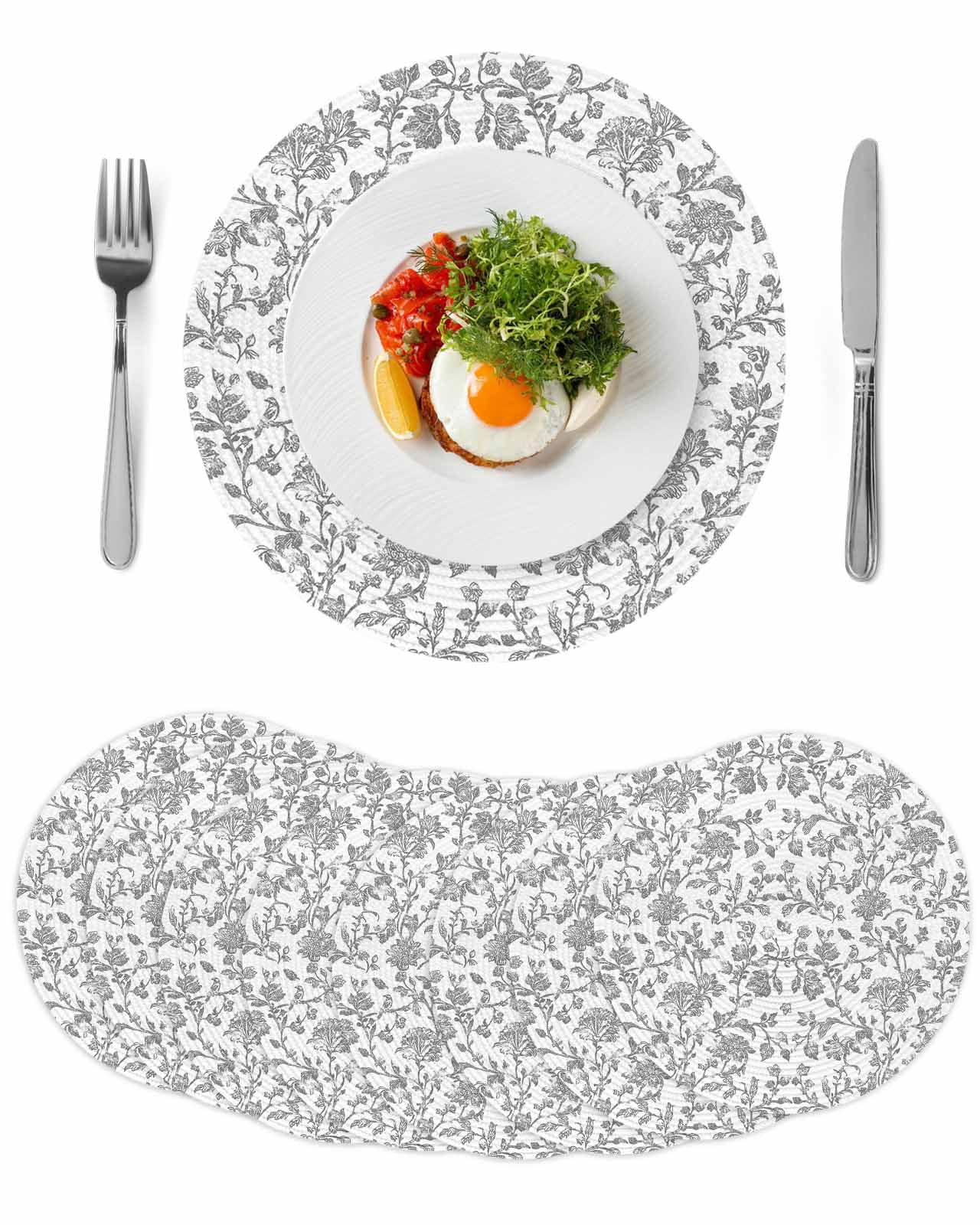 Grey Flower Round 13 Inch Placemats Set of 8, Vintage Farmhouse Boho Leaf Spring Plant HeatResistant Non Slip Place Mats for Dining Table, Wipeable Braided Kitchen Table Mats for Housewarming