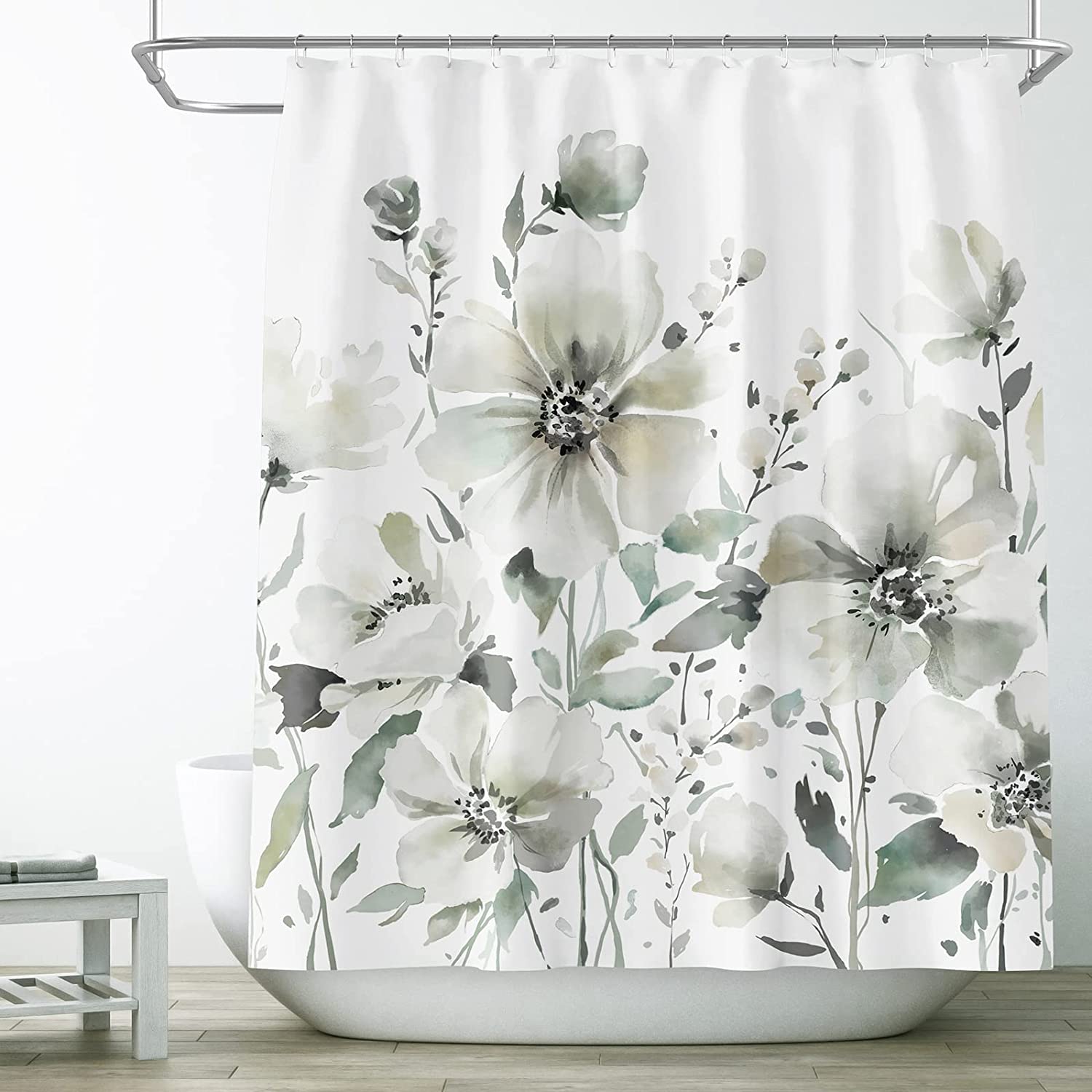 Grey Flower Shower Curtain Set Celadon Floral Plants Shower Curtains ...