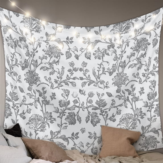 Grey Flower Tapestry for Bedroom Wall Hanging Tapestry, Vintage Farmhouse Boho Leaf Spring Plant Ceiling Backdrop Tapestries Poster Blanket Wall Decor for Teens Room Living Room Dorm 51" x 59"