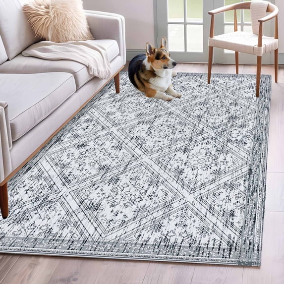 Grey Flowers Area Rugs 4'x6', Washable Small Throw Rugs for Office Bathroom, Spring Floral Farmhouse Retro Art Indoor Outdoor Rug Non-Slip Low Pile Carpet Runner Reversible Floor Mats
