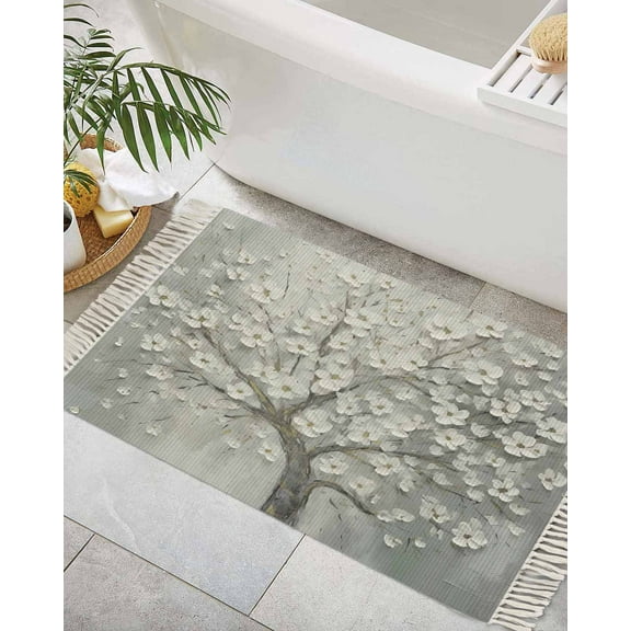 Grey Flowers Bath Rug 2x3ft Woven Bathroom Entryway Runner Rug,Spring Floral Modern Oil Painting Art Washable Living Room Hallway Bedroom Kitchen Carpet with Tassels,Indoor Outdoor Throw Doormat