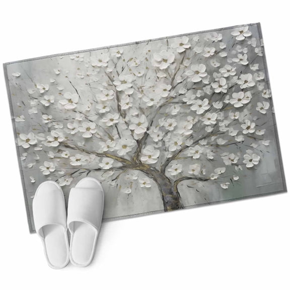 Grey Flowers Bathroom Mat 2x3 FT, Non Slip Small Kitchen Mat, Spring Floral Modern Oil Painting Art Washable Soft Backed Front Door Throw Rug Non-Shedding Indoor Outdoor Doormat for Entryway Sink