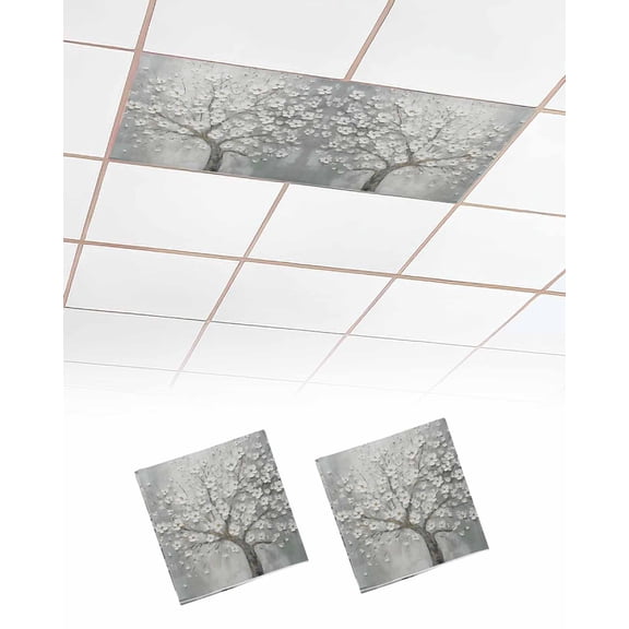 Grey Flowers Fluorescent Light Covers for Ceiling Lights 4x2 feet,2 Pack Magnetic Light Filters for Classroom,Spring Floral Modern Oil Painting Art Fluorescent Light Shade Panel for Office School