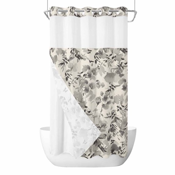 Grey Flowers No Hooks Shower Curtain with Snap-in Liner Spring Watercolor Grey Floral Leaf Linen Texture Shower Curtains for Bathroom, Waterproof, Easy Install, Washable 36"x78"
