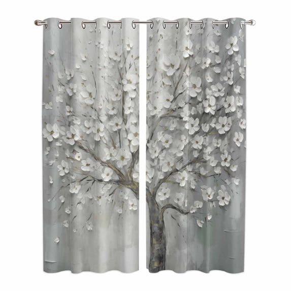 Grey Flowers Kitchen Curtains 84 Inch Length, Spring Floral Modern Oil Painting Art Grommet Top Bedroom Living Room Curtains, Light Filtering Cafe Curtain Drapes 2 Panels Set 84''x84''