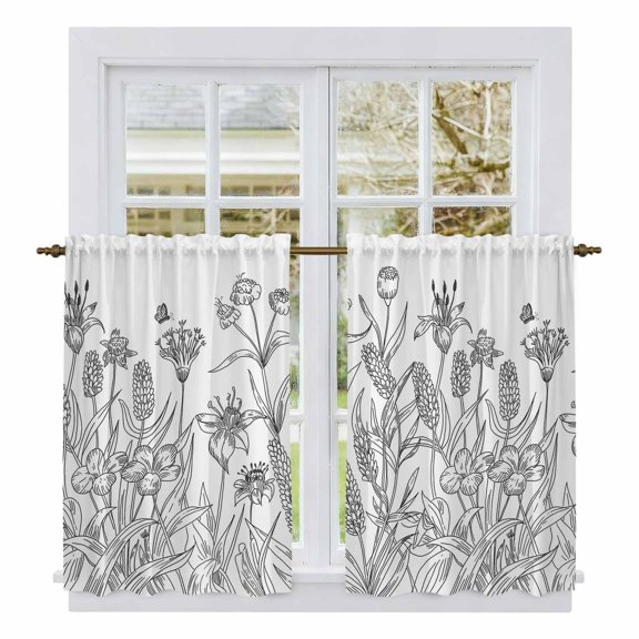 Grey Flowers Kitchen Curtains, Garden Botanical Leaf Watercolor White Light Filtering Window Curtain Panels, 2Pcs Rod Pocket Window Treatments Set for Cabin Bathroom Bedroom 52x45 Inches