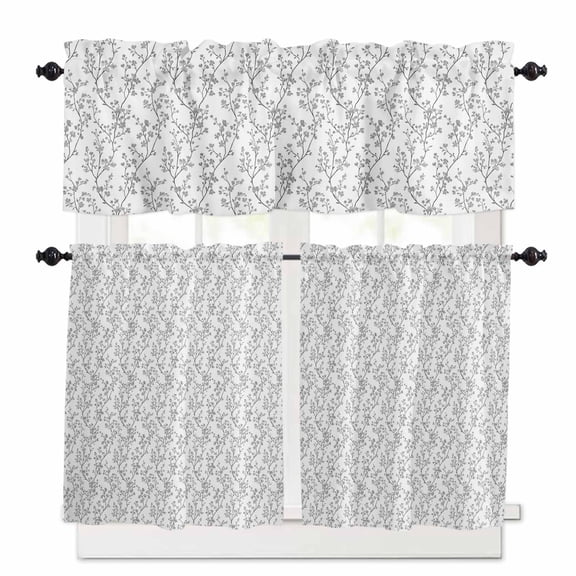 Grey Flowers Kitchen Curtains Valances and Tiers Set of 3, Plants 36 Inch Length Tier Curtains and Valance Rod Pocket Valance Curtains Set for Kitchen Bathroom Small Windows