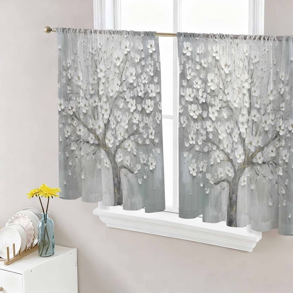 Grey Flowers Semi Sheer Window Curtains 45 Inches Long, Spring Floral Modern Oil Painting Art Rod Pocket Voile Silky Chiffon Curtain Light Filtering Drapes for Living Room, Kitchen, 52"x45", 2 Panels