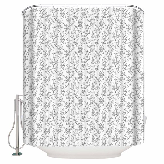 Grey Flowers Shower Curtain, 48" x 72", Branches Plants Waterproof Bathroom Curtain Washable Shower Curtain Set with 12 Hooks