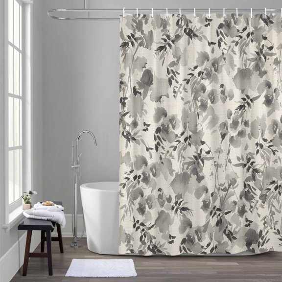Grey Flowers Shower Curtain for Bathroom Decor, Spring Watercolor Grey Floral Leaf Linen Texture Waterproof Fabric Shower Curtain, 54"x78" Set with 12 Hooks