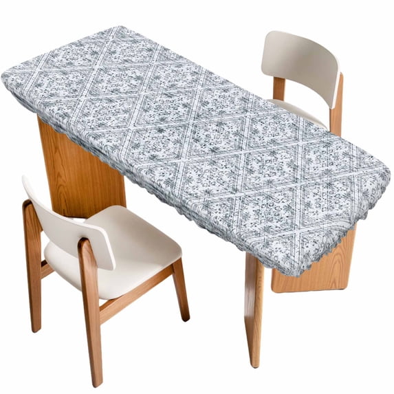Grey Flowers Table Cloths for 8 Foot Rectangle Tables, Spring Floral Farmhouse Retro Art Patio Waterproof Elastic Fitted Tablecloths, Washable Rectangular Table Cover for Camping