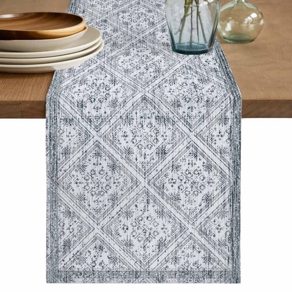 Grey Flowers Table Runner, Spring Floral Farmhouse Retro Art Washable Cotton Linen Table Runners 48 Inches Long, Dresser Scarf Runner for Nightstand/Coffee/End Tables 13''x48''