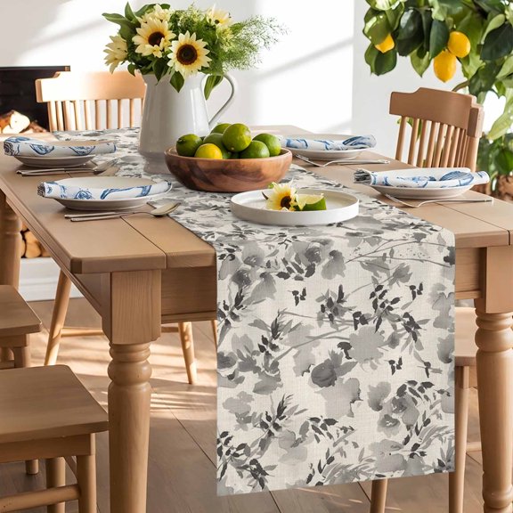 Grey Flowers Table Runner, Spring Watercolor Grey Floral Leaf Linen Texture Washable Kitchen Table Runners Dress Scarves for Dining Table Decorations Party/Restaurant/Indoor Outdoor Use, 13x36in