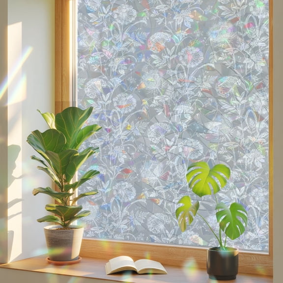 Grey Flowers Window Privacy Film Rainbow Static Cling Stain Glass Window Film for Glass Door, Decorative UV Blocking Sunroof Decal Sticker for Car 23.6"x59" Cute Floral Botanical Farmhouse
