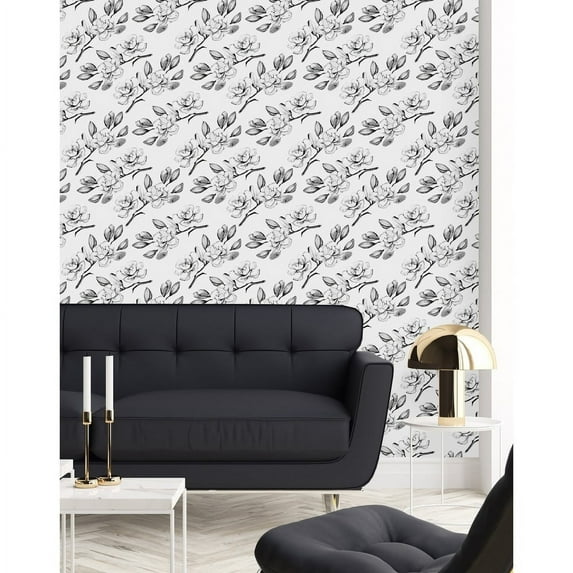 Grey Flowers and Branches Wallpaper Peel-and-Stick - 25"W x 225"H