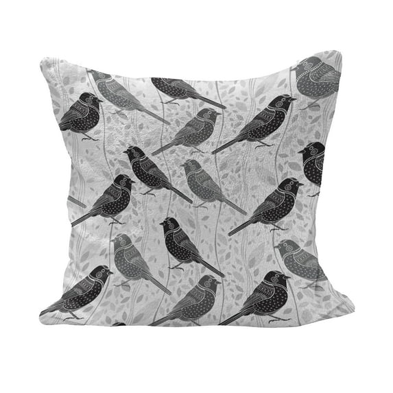 Grey Fluffy Throw Pillow Cushion Cover, Ornamental Birds on Trees Winged Flying Feather Contemporary Art Nature, Decorative Square Accent Pillow Case, 40" x 40", Grey White Black, by Ambesonne