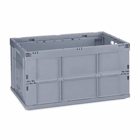 Grey Foldable Storage Box, Stackable Plastic Crate with Hinges and Handles, Collapsible Transport Bin for Garage, Kitchen, and Shopping, 60L