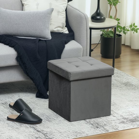 Grey Foldable Storage Ottoman Box, 38cm Modern Velvet Storage Footrest, 37.6L Capacity Multi-Use Cube Seat for Bedroom Living RoomYXY