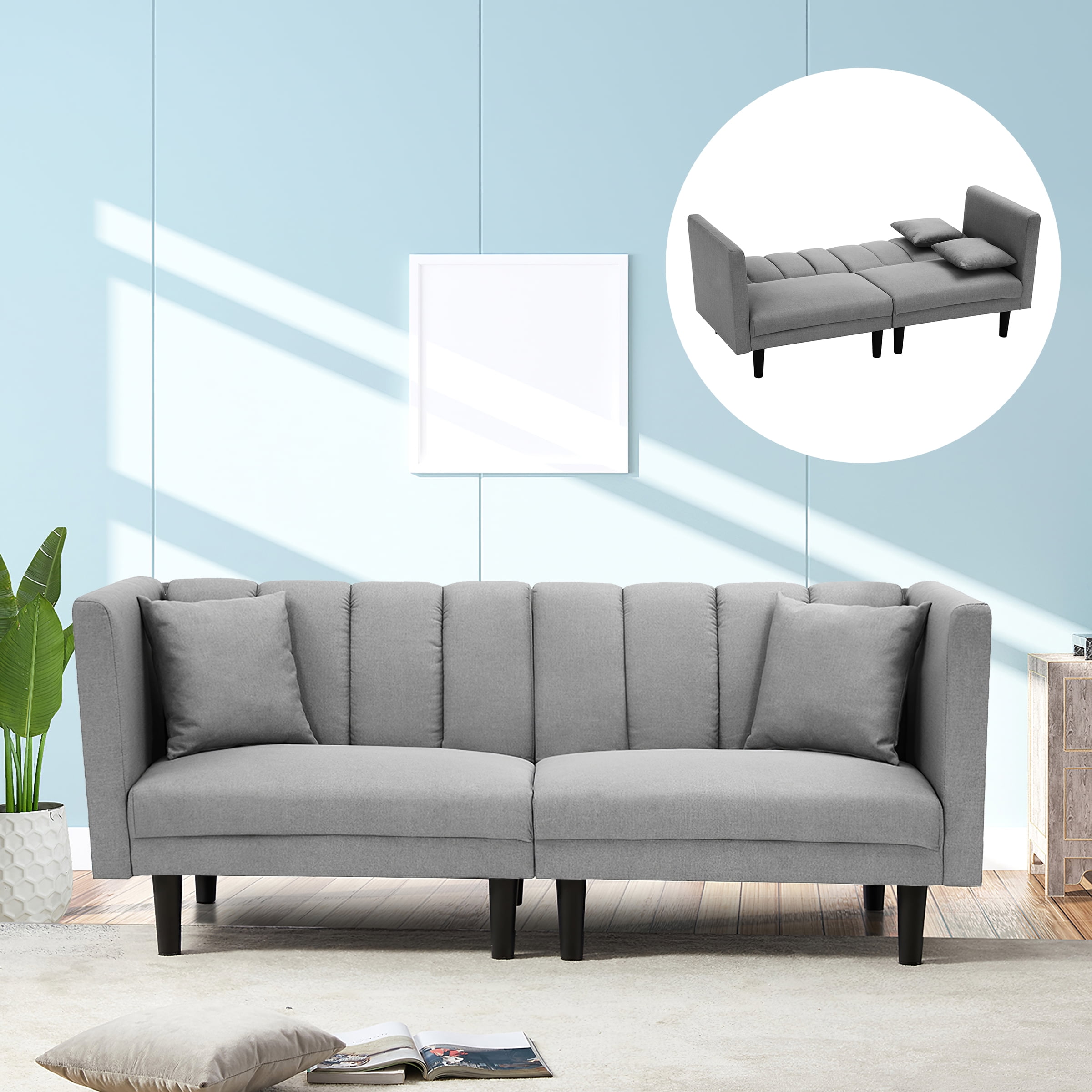 Grey Foldable Velvet Sofa Bed with Solid Wood Frame Easy Assemble