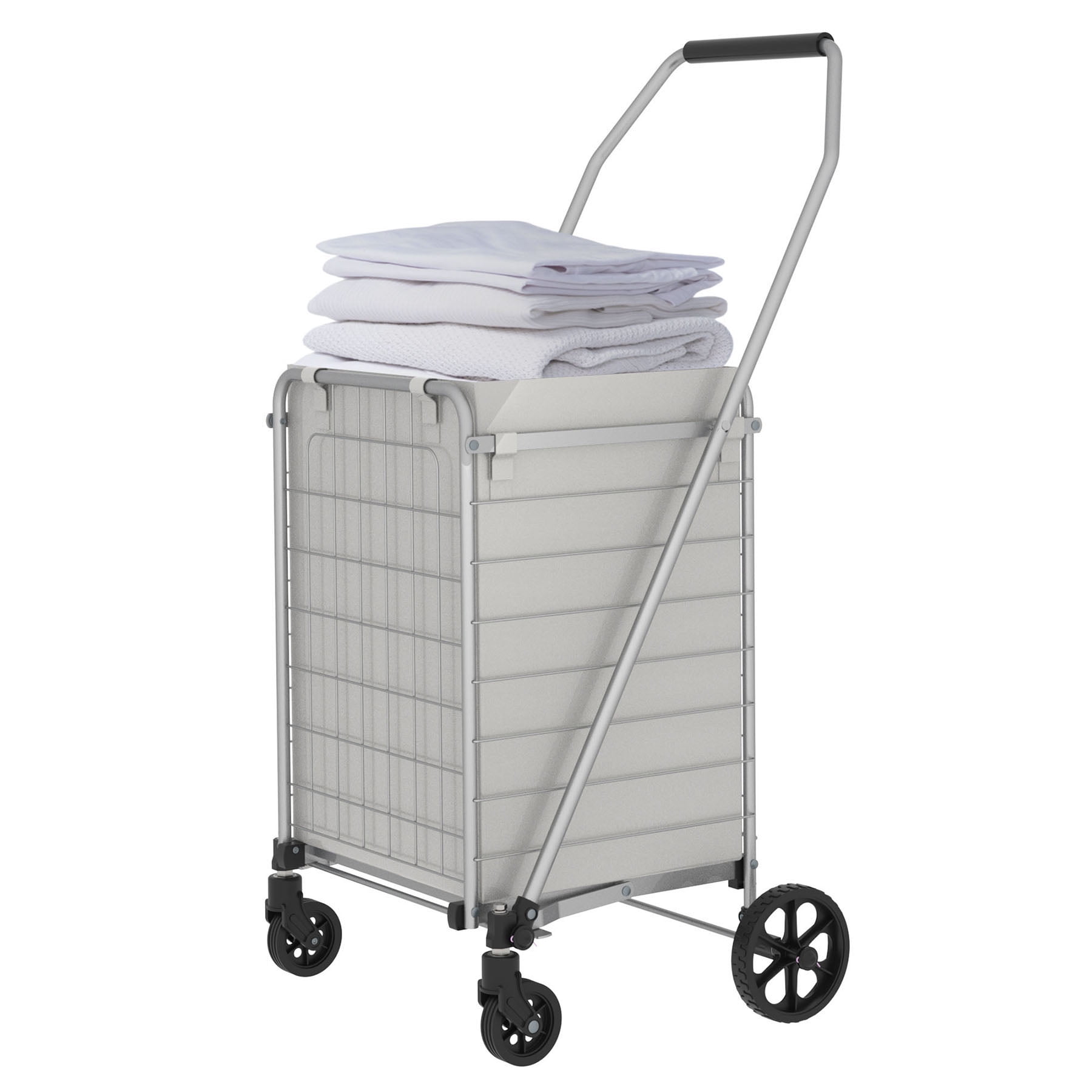 2-Tier Folding Utility Cart With Wheels – Heavy Duty Shopping Trolley, 360° Swivel, Gray, Collapsible