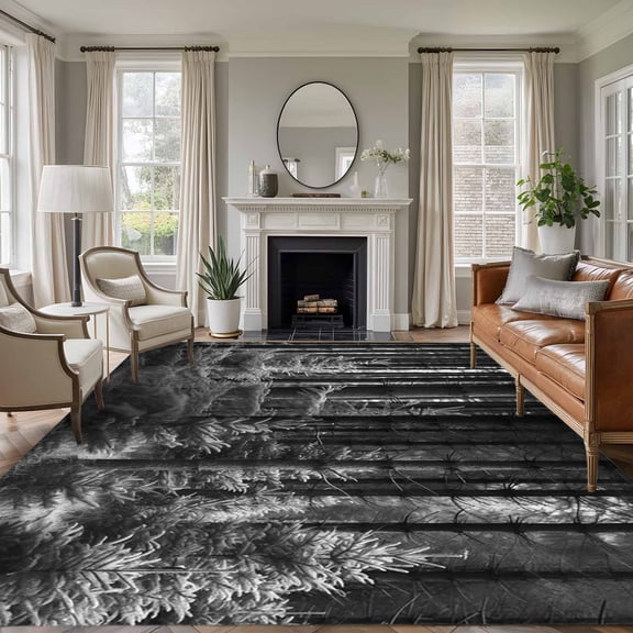 Grey Forest 6'x9' Area Rug for Living Room, Mysterious Primitive Forest Pine Tree Non-Slip Floor Mat Rugs for Bedroom Dining Room, Indoor Large Carpet for Classroom, Nursery Rugs for Playroom