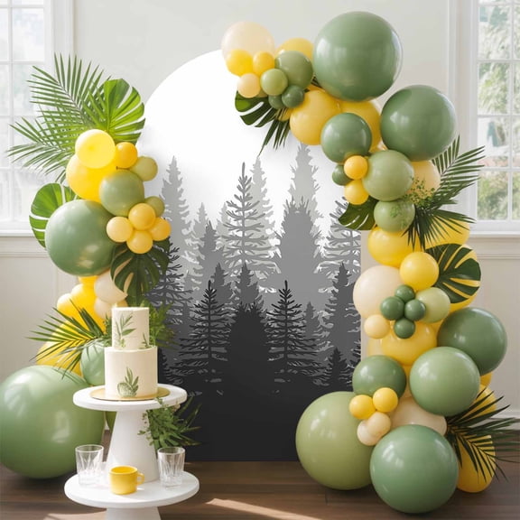 Grey Forest Arch Backdrop Cover, 6.6FT, Nature Woodland Tree Misty Forest Silhouette Landscape Spandex Arch Covers Double-Sided Backdrop for Wedding Birthday Party Photo Background Decoration