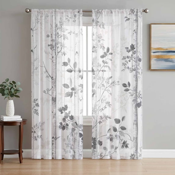 Grey Forest Branches Sheer Curtains 96 Inch Length 2 Panels Set, Vintage Tree Leaves Voile Window Treatment Semi Sheer Long Curtains Drapes for Bedroom/Living Room/Kitchen 52"x96"x2