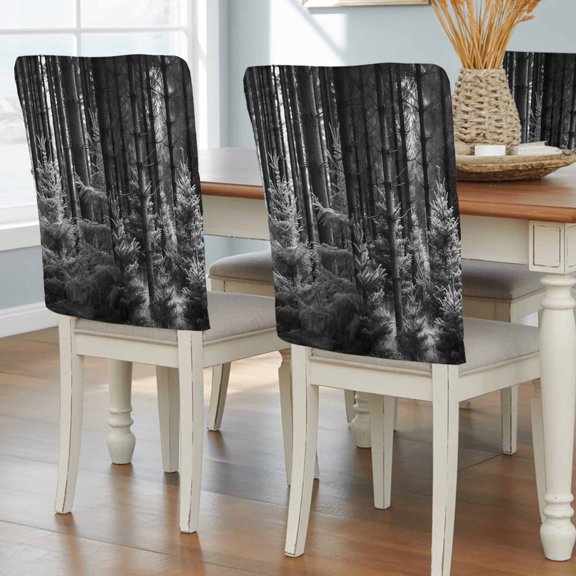 Grey Forest Chair Back Covers, Mysterious Primitive Forest Pine Tree Removable Chair Covers for Dining Chairs Set of 4, Washable Chairs Slipcovers Back Seat Protector for Wedding Party 19"x20"
