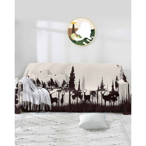 Grey Forest Elk Sofa Covers for 3 Cushion Couch,Washable Sectional & L Shape Couch Covers for Dog/Cat/Kid,Deer Birds Farmhouse Rustic Tree Botanical Non Slip Sofa Slipcover Futon Cover 71x150