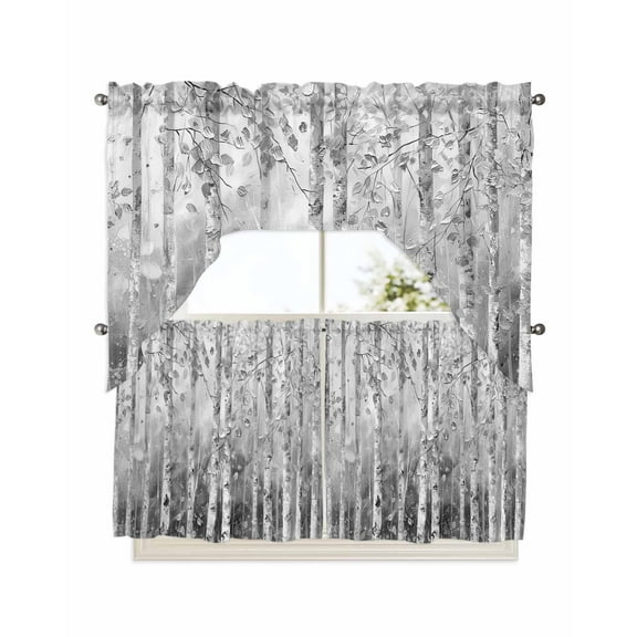 Grey Forest Kitchen Curtain and Valance Set 3 Pieces, Rod Pocket Short Tier Curtains 24 Inch Length, Modern Oil Painting Art Swag Topper Small Window Treatment for Cafe Bathroom Bedroom