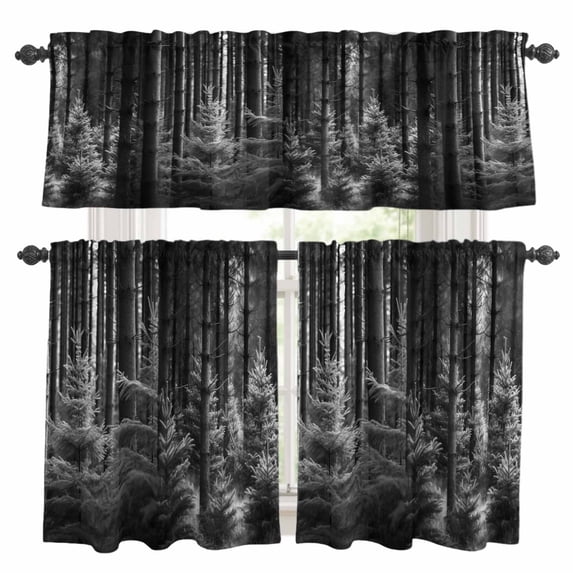 Grey Forest Kitchen Curtains Sets for Windows 36 Inch Length, Mysterious Primitive Forest Pine Tree Rod Pocket Window Treatments Tier Curtains and Valances Set for Bedroom/Bathroom